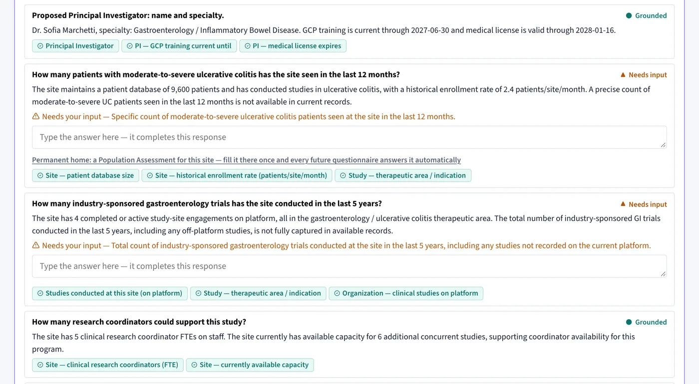 TrialCurrent drafted feasibility answers for a GI research site: grounded answers with their sources, and answers marked Needs input with what is missing.