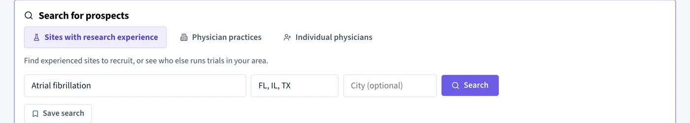 TrialCurrent Scout search prefilled with atrial fibrillation and three states, with options for sites with research experience, physician practices and individual physicians.