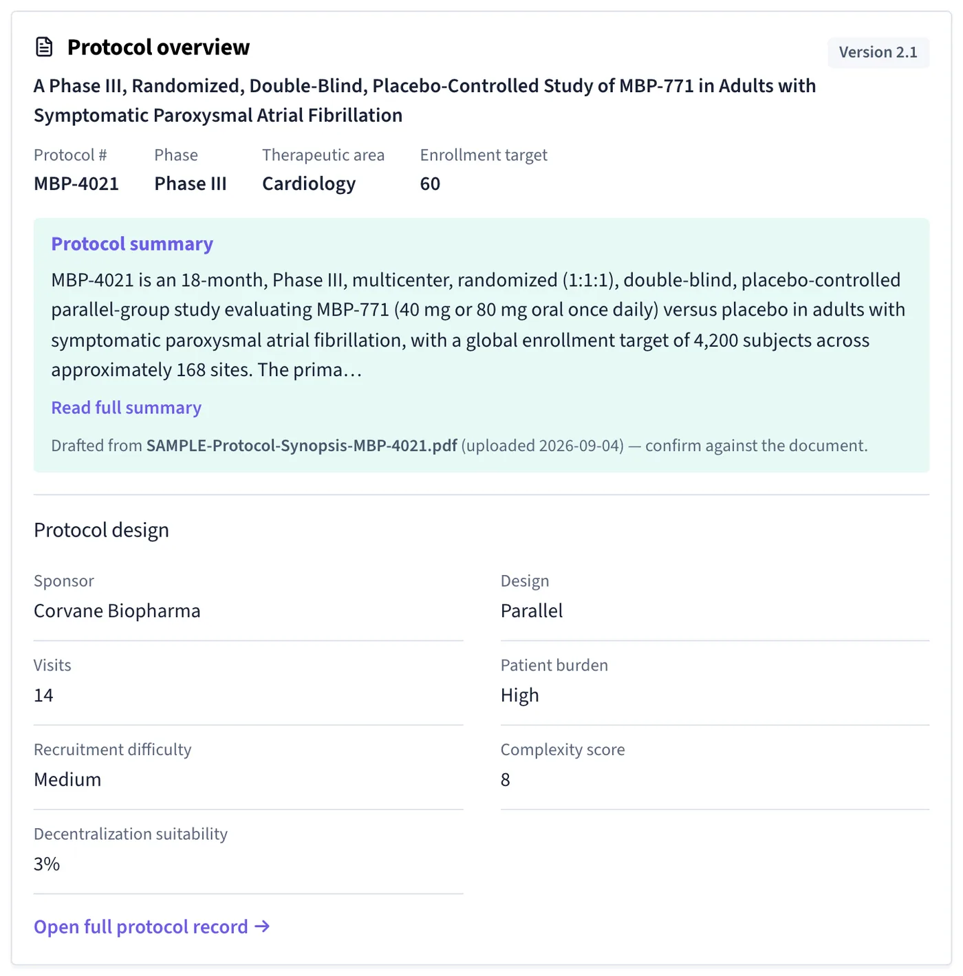 TrialCurrent protocol overview for a Phase III atrial fibrillation study: a summary drafted from the uploaded synopsis with a note to confirm it against the document, and the study design: 14 visits, high patient burden, medium recruitment difficulty.